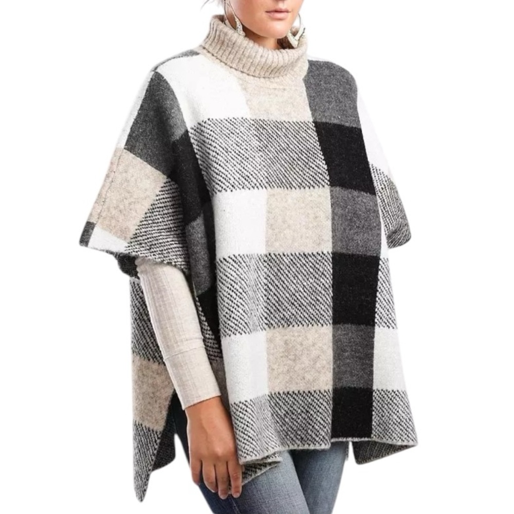 Buckle Black Plaid Poncho Sweater Grey Sand Women’s Small Oversized Layering